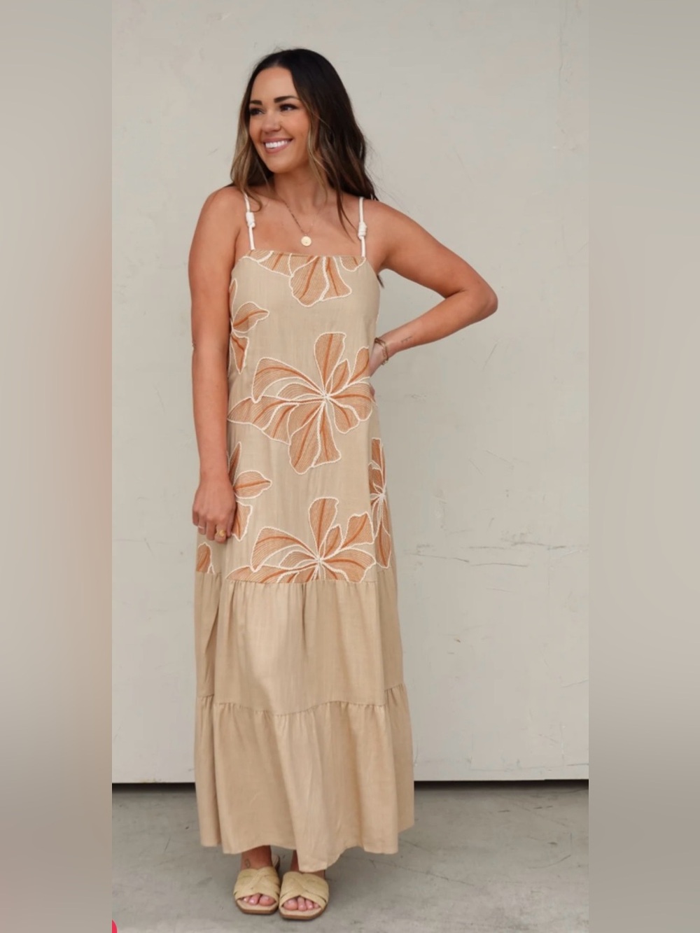 Beige Floral Maxi Dress with Orange Accents Sz M